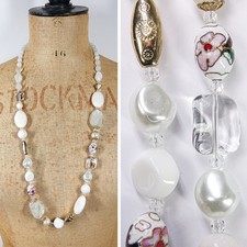 Vtg Jadeite Cloisonne Enamel Glass Necklace White Oriental 1990s Statement Beads