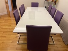 Long Stylish Dining Room White Table with Eight Purple Chairs Free Delivery UK
