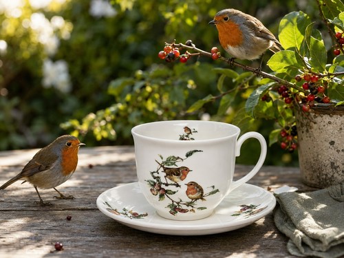 Robin scene cup saucer bone - robin,