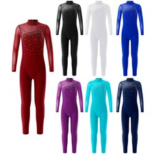 Kids Girls Ballet Shiny Dancewear Mock Neck Jumpsuit Rhinestone Costume Catsuit