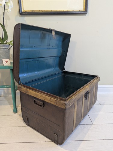 Antique metal steamer trunk - metal,