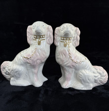 Antique Staffordshire Porcelain Pink and White  Pair King Charles Spaniel 