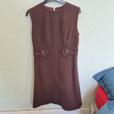 Vintage 60s Brown Wool Sleeveless Shift A-Line Mini Dress Mod Style Gold Buttons