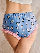 Cute Blue Floral Retro Style Silky Satin Hipster Sissy Panties Knickers L 12-14