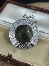 Mizpah Vintage Brooch Silver Tone Metal Pin Dome Textured Green Jadeite Quartz