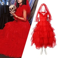Movie Beetle Juice Lydia Red Wedding Dress Cosplay Costume Halloween Suit Outfit