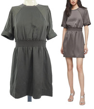 Reiss Dress Mini MYLA Grey Short Sleeve Shirred Waist Ladder Trim Size UK 4