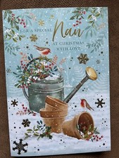 SPECIAL NAN CHRISTMAS CARD, WATERING CAN & ROBINS GOLD Foil, Lovely Verse