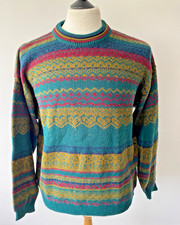 VINTAGE mens 70/80's GREEN FAIR-ISLE MULTI COLOUR WOOL/ACRYLIC SKI JUMPER 44"