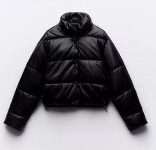 ZARA WOMAN NWT FW23 BLACK SHORT FAUX LEATHER PUFFER JACKET SIZES XS 3427/793