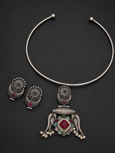 Oxidised silver choker - silver,