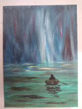 ORIGINAL PAINTING "Admiring Northern Lights" Acrylics Great XMAS Gift  UK Art