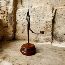 18thC English Antique Iron Rushlight Holder / Rushnip With A Fruitwood Base