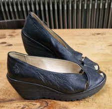 FLY LONDON YOMA 307 FLY Black LEATHER WEDGE Peep Toe SANDALS SHOES UK 6 EUR 39