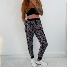 Ladies Black Print Cuffed Joggers Tracksuit Bottoms Trousers Size S/M, 10-12