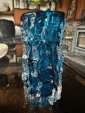 Vintage Whitefriars Bark 15cm Vase 9690 In Kingfisher Blue