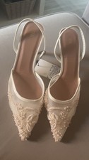 Zara Pointed Embroidered Heel Dupe Kitten Heel Slingback White, Cream Beaded