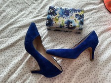 Cobalt Blue Real Suede Shoes Size 5 and Matching Matching Floral Bag Vgc