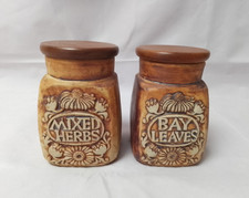 Pair of Quantock Pottery Spice Jars ~ Mixed Herbs & Bay Leaves ~ VGC