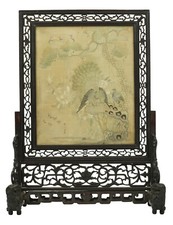 Antique Chinese Hundred bird embroidered silk table screen and hongmu stand