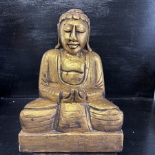 Extra Large 13” High Hand Carved Wooden Buddha Figurine With Gilt Finish