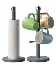 Kitchen Roll Holder & 6 Mug Tree Stand Stainless Steel Rack Set