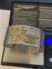 Vintage Dragonfly Art Design 925 Sterling Silver Large Cuff Bangle Bracelet 53g