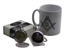 MASONIC Engraved Personalised Pocket Watch & Chain AND CERAMIC FREEMASON MUG 