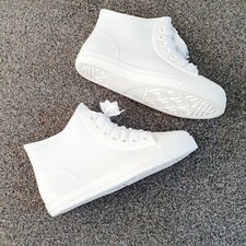 FASHION WHITE HI TOP TRENDY LACE UP RUBBER WELLY BOOTS TRAINERS NEW SIZE UK 7 41