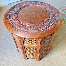 VINTAGE BRASS INLAID HEXAGONAL FOLD UP TABLE, FREE POST UK MAINLAND ONLY,