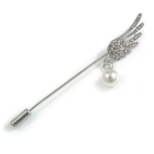 Silver tone clear crystal wing - clear,