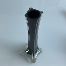 Vintage Black Glass Bud Vase Tall Slimline Square Shaped Clear Glass Base 1970S￼