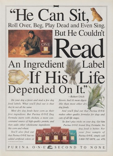 1995 purina one dog food - one, -"he