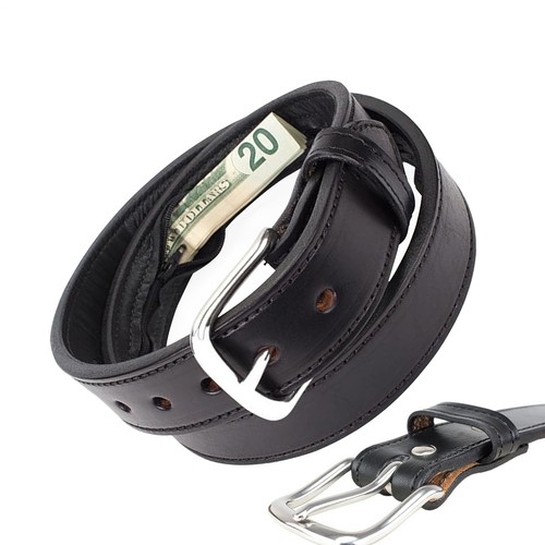 Leather black money belt - black, /