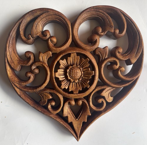 Wooden hand carved teak heart - carved,