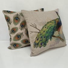 Teal Blue Green Peacock Eye Feather Linen Look Trpoical Fabric Cushion Cover