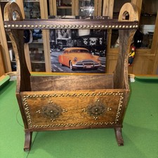 Vintage Wooden Side Table with Magazine Rack  gold brass trimmings 