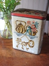 Vintage  Tea Caddy Tin With Vase Kettle Keys Plants  Design