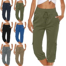Women High Waist Cargo 3/4 Length Pants Ladies Pocket Straight Leg Capri Trouser
