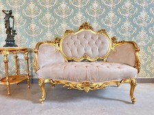 Love Seat Royal Baroque Couch in Beige Velvet Retro French Antique Handmade Sofa