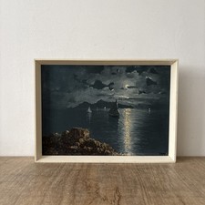 Vintage Rustic Oil on Board Coastal Sailing Boat Sunset Mountain Signed Painting