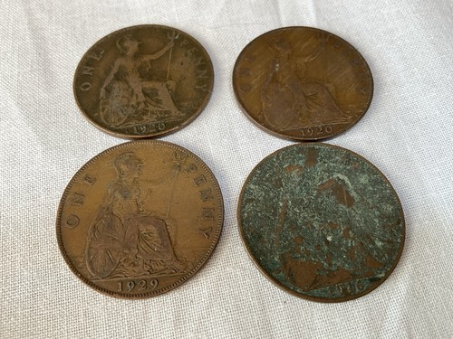 Old british pennies - pennies, x4