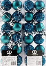 Mini Christmas Tree Baubles Glitter Decorations - Teal / Ocean Blue (Set of 24)