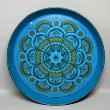 Vintage Decorative Metal Serving Tray 12" Round Blue Abstract Swirl Pattern