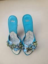 Ladies Unusual Blu Slip On Blue Shoes  With Fancy Flower Look To Front Size 4