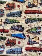 REMNANT 2 pieces 60x65cm/44x28cm Trains Cotton Fabric