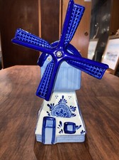 Vintage Blue And White Ceramic Windmill Music Box 9”