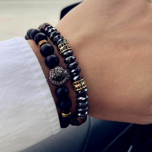 Black bead lion bracelet set - bead,