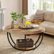 Round Wooden Coffee Table With Storage Rack Double Layer Design For Living Room