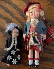 2 small vintage plastic dolls, Scottish Kilted, London Cockney style, 1950s